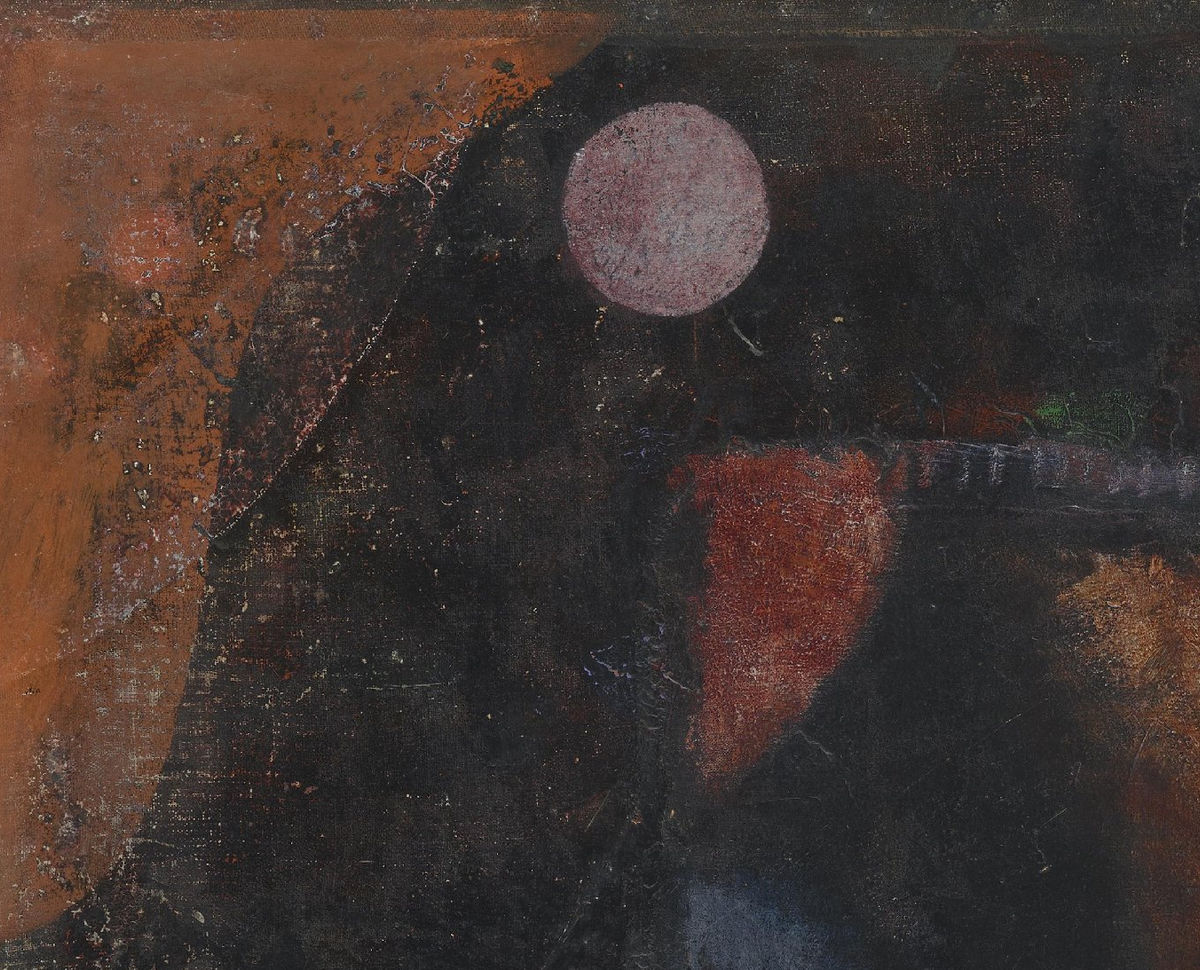 Detail 1: Pink disc and orange field at the upper left in Fish Magic